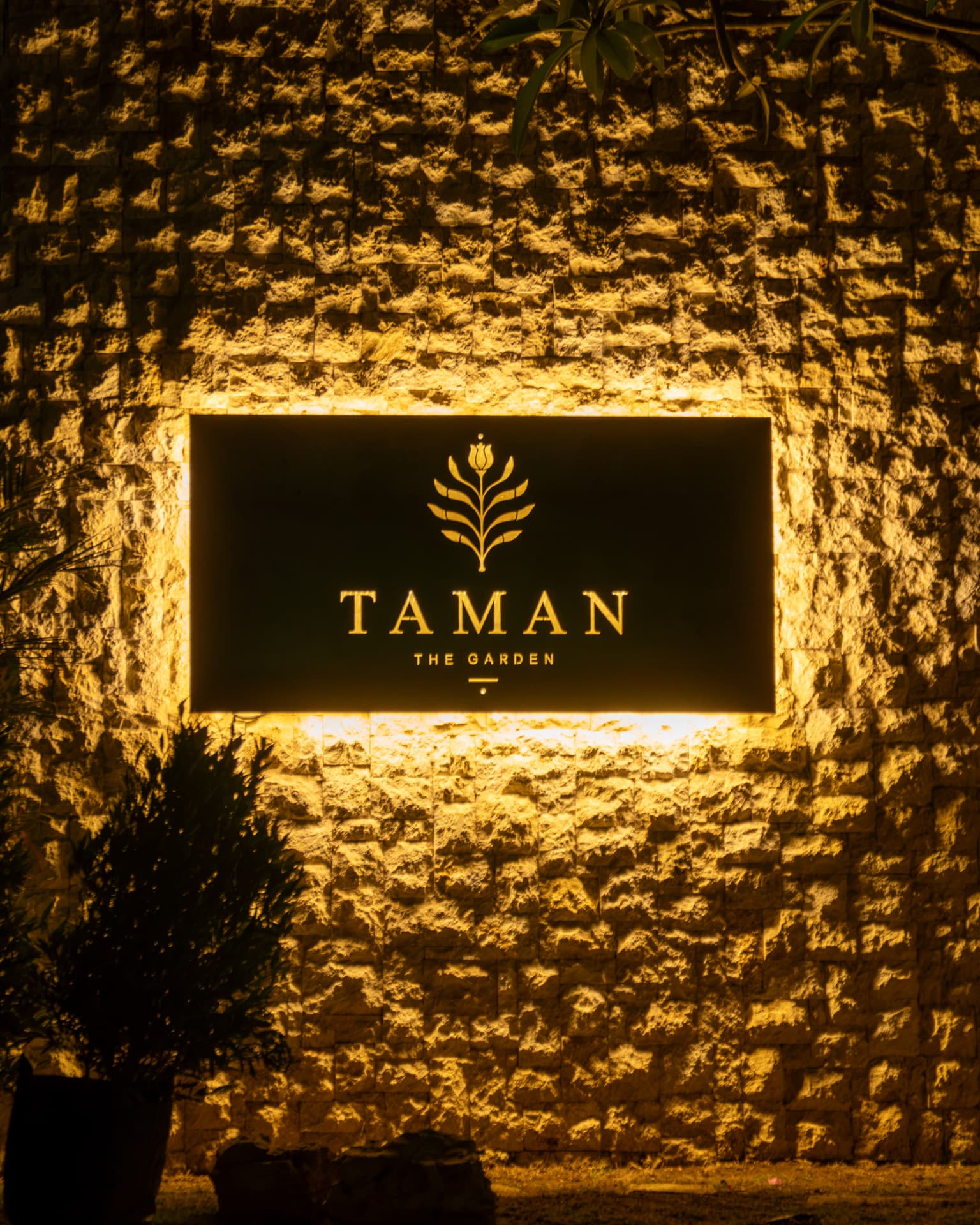 Illuminated TAMAN The Garden sign against a textured stone wall at night